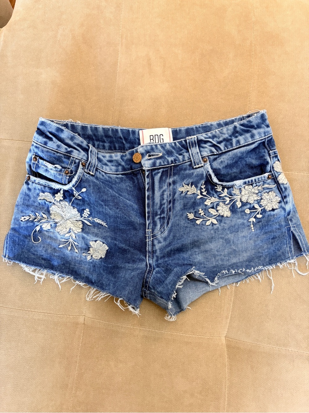 BDG Blue Denim Cutoff Shorts with White Floral Embroidery
